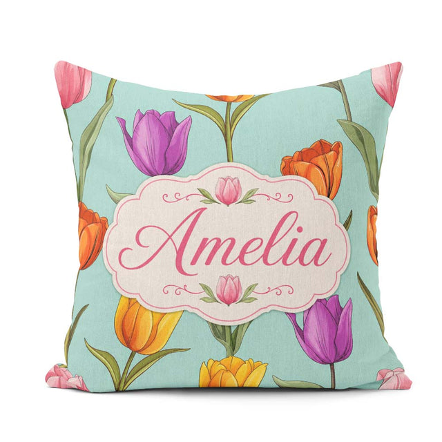 Custom Name Elegant Tulip Floral Seamless Teal Background Spring Square Filled Cushion Throw Pillow Sofa Bed Home Decor Zip Washable UK Made