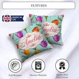 Custom Name Elegant Tulip Floral Seamless Teal Background Spring Square Filled Cushion Throw Pillow Sofa Bed Home Decor Zip Washable UK Made