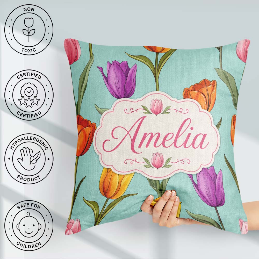Custom Name Elegant Tulip Floral Seamless Teal Background Spring Square Filled Cushion Throw Pillow Sofa Bed Home Decor Zip Washable UK Made