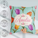 Custom Name Elegant Tulip Floral Seamless Teal Background Spring Square Filled Cushion Throw Pillow Sofa Bed Home Decor Zip Washable UK Made