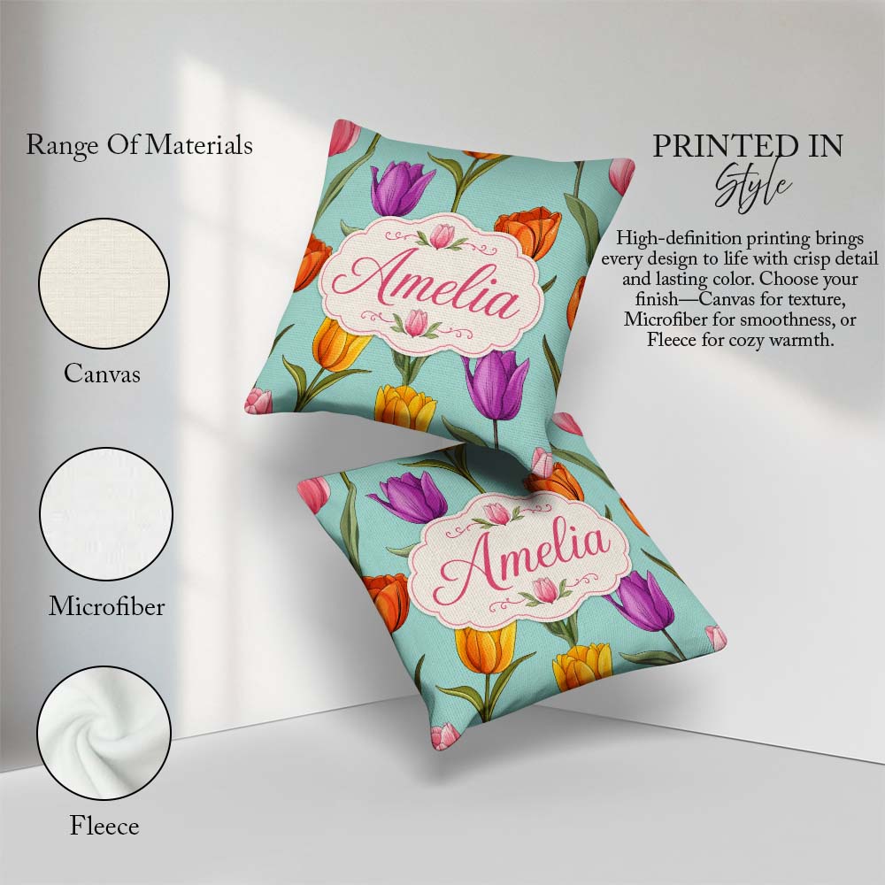 Custom Name Elegant Tulip Floral Seamless Teal Background Spring Square Filled Cushion Throw Pillow Sofa Bed Home Decor Zip Washable UK Made