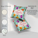 Custom Name Elegant Tulip Floral Seamless Teal Background Spring Square Filled Cushion Throw Pillow Sofa Bed Home Decor Zip Washable UK Made