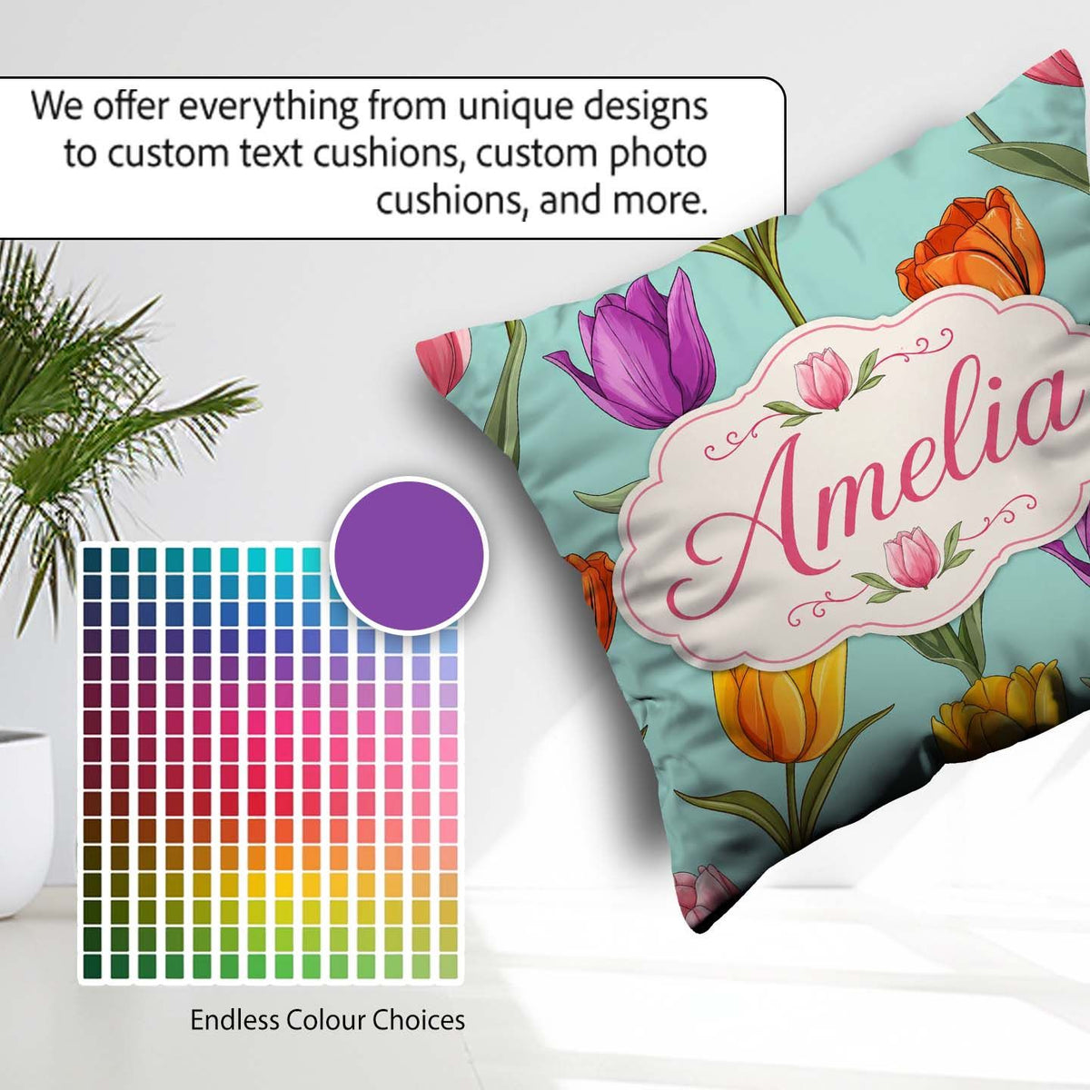 Custom Name Elegant Tulip Floral Seamless Teal Background Spring Square Filled Cushion Throw Pillow Sofa Bed Home Decor Zip Washable UK Made