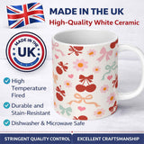 Personalized Custom Name Cute Cherry Bow Daisy Heart Seamless Pattern on Light Neutral Cream 11oz Ceramic Coffee Tea Mug White Large Handle