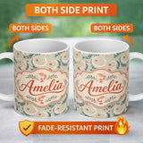Personalized Custom Name Elegant Koi Fish and Floral Swirl Pattern in Soft Tones Seamless 11oz Ceramic Coffee Tea Mug White Large Handle