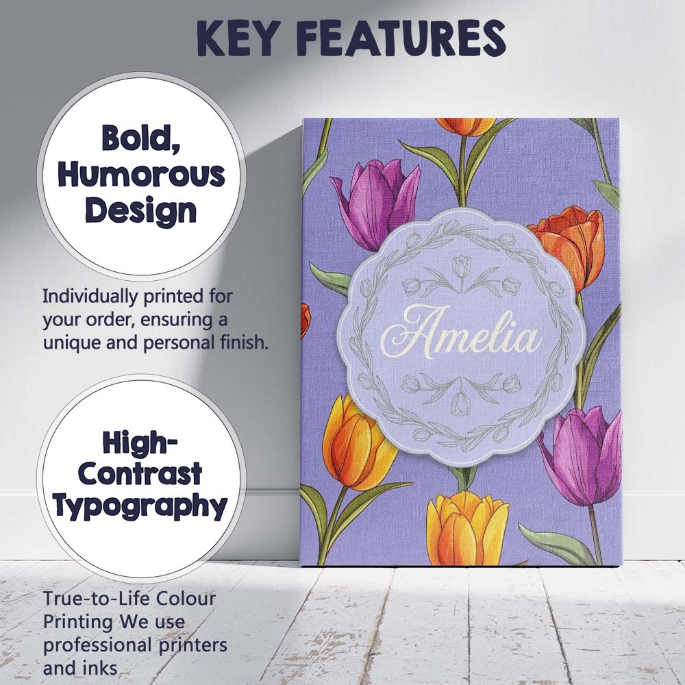 Personalised Name Elegant Tulip Floral Custom  Unique Gift Idea Modern Room Accent Canvas Wall Art Print Decor Picture Ready to Hang