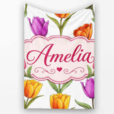 Elegant Tulip Floral Seamless Pattern Light Grey Background Spring  Personalised Custom Name Super Soft Fleece Blanket Bed Sofa Throw