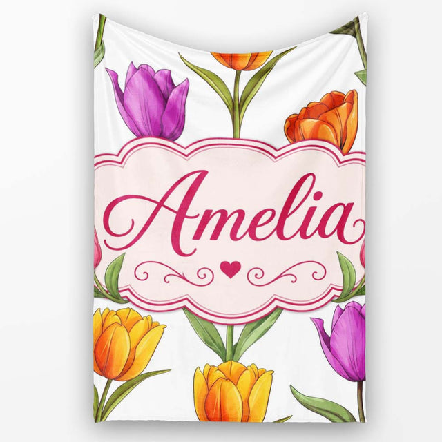 Elegant Tulip Floral Seamless Pattern Light Grey Background Spring  Personalised Custom Name Super Soft Fleece Blanket Bed Sofa Throw