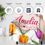 Elegant Tulip Floral Seamless Pattern Light Grey Background Spring  Personalised Custom Name Super Soft Fleece Blanket Bed Sofa Throw