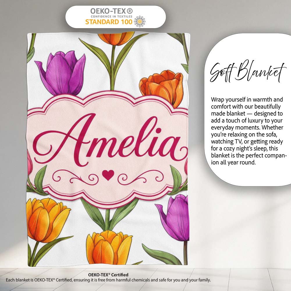 Elegant Tulip Floral Seamless Pattern Light Grey Background Spring  Personalised Custom Name Super Soft Fleece Blanket Bed Sofa Throw