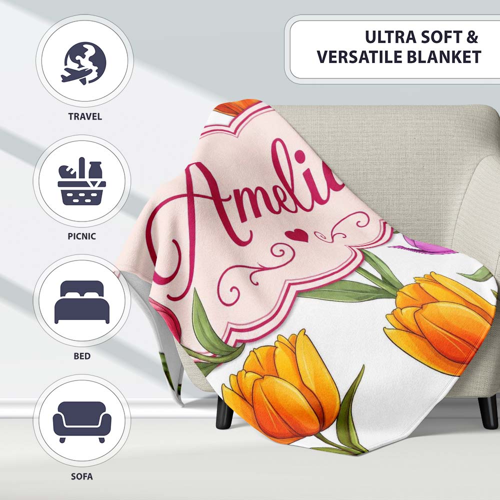 Elegant Tulip Floral Seamless Pattern Light Grey Background Spring  Personalised Custom Name Super Soft Fleece Blanket Bed Sofa Throw