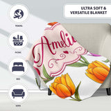 Elegant Tulip Floral Seamless Pattern Light Grey Background Spring  Personalised Custom Name Super Soft Fleece Blanket Bed Sofa Throw