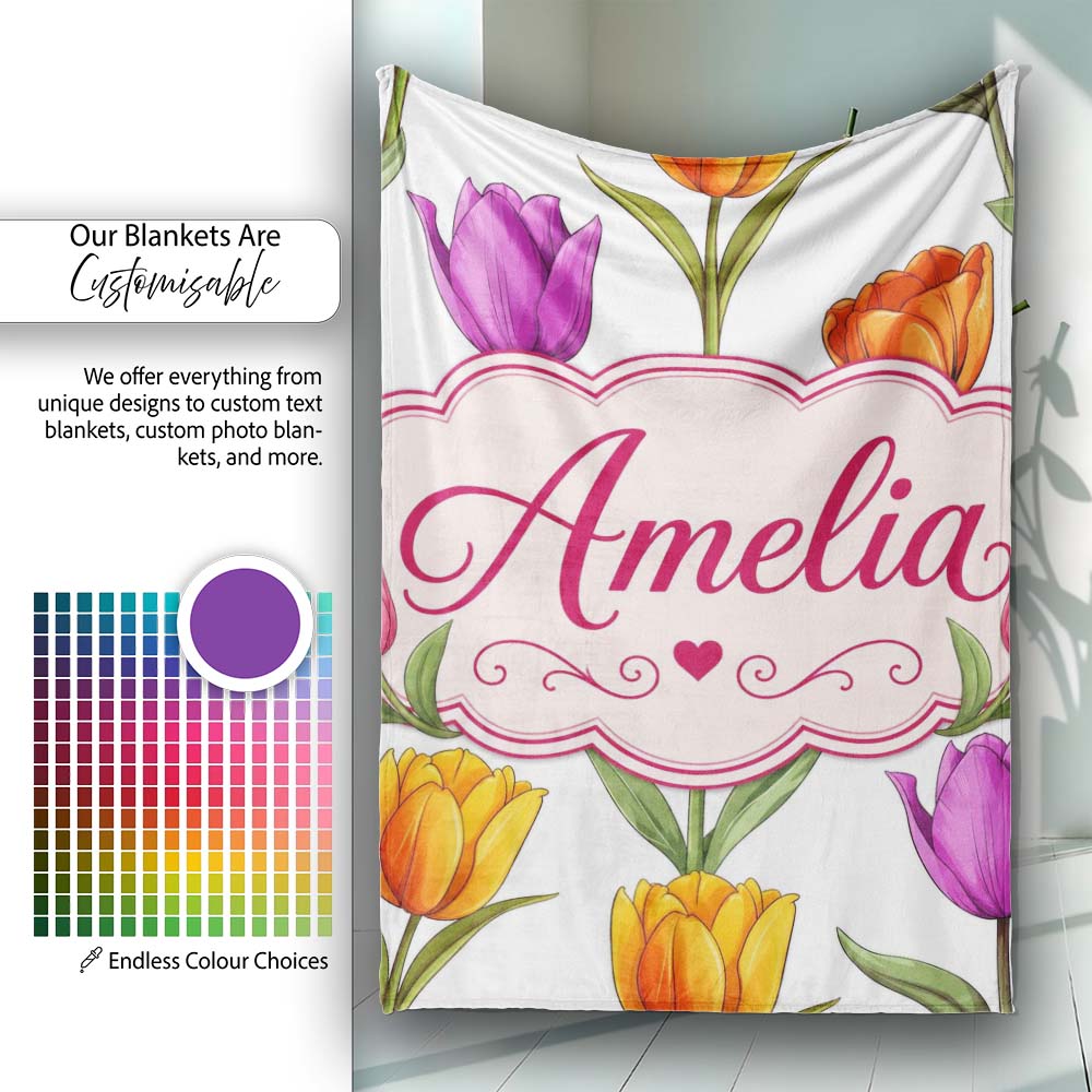 Elegant Tulip Floral Seamless Pattern Light Grey Background Spring  Personalised Custom Name Super Soft Fleece Blanket Bed Sofa Throw