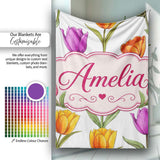 Elegant Tulip Floral Seamless Pattern Light Grey Background Spring  Personalised Custom Name Super Soft Fleece Blanket Bed Sofa Throw