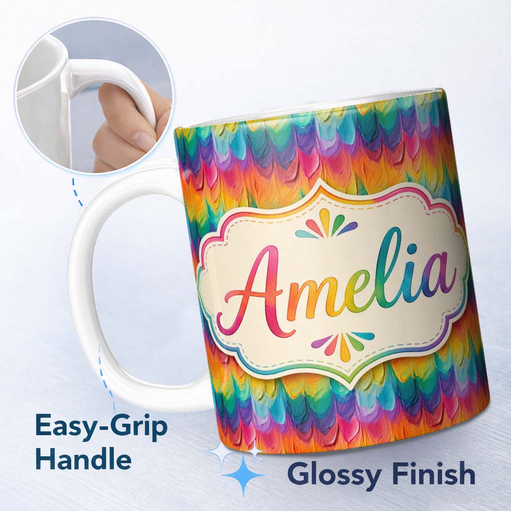 Personalized Custom Name Rich Rainbow Fluid Marble Waves Seamless Pattern Cute Unique Gift 11oz Ceramic Coffee Tea Mug White Large Handle
