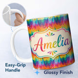 Personalized Custom Name Rich Rainbow Fluid Marble Waves Seamless Pattern Cute Unique Gift 11oz Ceramic Coffee Tea Mug White Large Handle