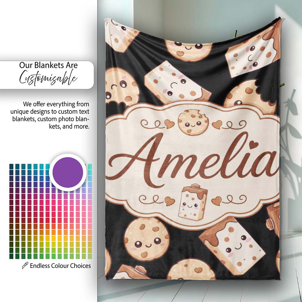 Cute Kawaii Cookies and Milk Seamless Pattern Sweet Treats Lovely  Personalised Custom Name Super Soft Fleece Blanket Bed Sofa Throw