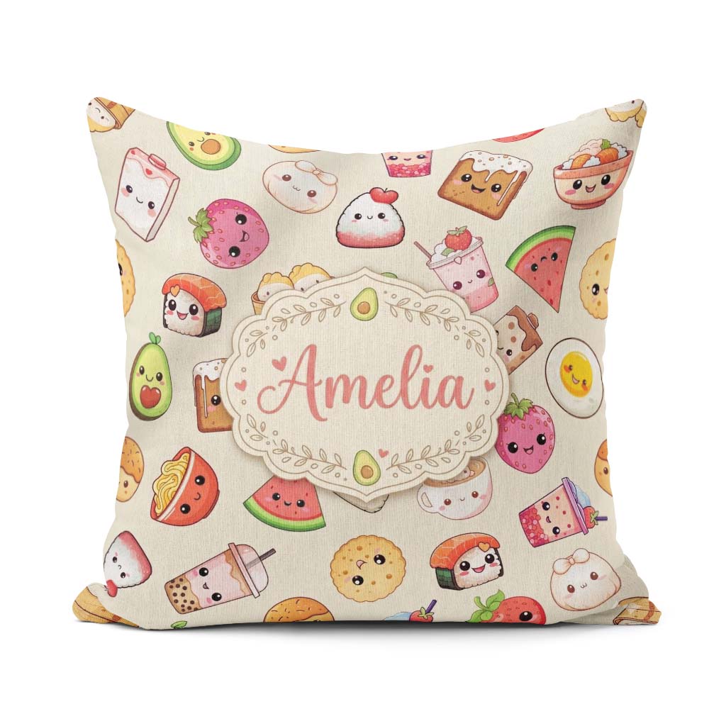 Custom Name Kawaii Food Characters Seamless Pattern Neutral Fun Square Filled Cushion Throw Pillow Sofa Bed Home Decor Zip Washable UK Made