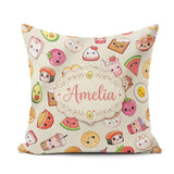 Custom Name Kawaii Food Characters Seamless Pattern Neutral Fun Square Filled Cushion Throw Pillow Sofa Bed Home Decor Zip Washable UK Made