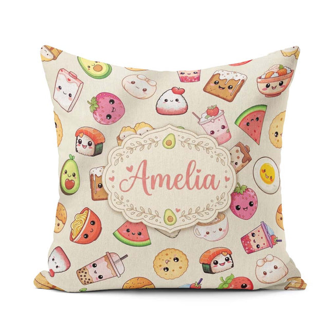 Custom Name Kawaii Food Characters Seamless Pattern Neutral Fun Square Filled Cushion Throw Pillow Sofa Bed Home Decor Zip Washable UK Made