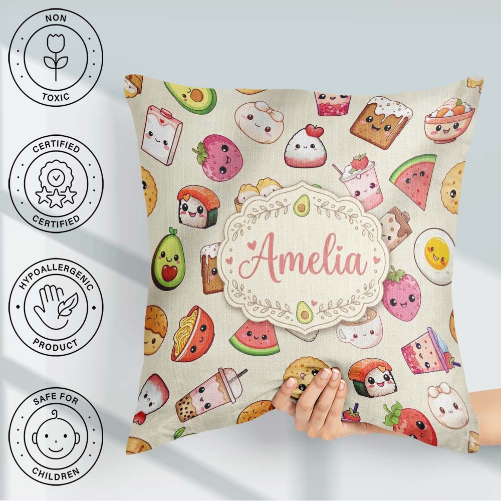 Custom Name Kawaii Food Characters Seamless Pattern Neutral Fun Square Filled Cushion Throw Pillow Sofa Bed Home Decor Zip Washable UK Made