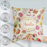 Custom Name Kawaii Food Characters Seamless Pattern Neutral Fun Square Filled Cushion Throw Pillow Sofa Bed Home Decor Zip Washable UK Made