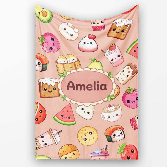 Cute Kawaii Food Characters Seamless Pattern Peach Background Fun  Personalised Custom Name Super Soft Fleece Blanket Bed Sofa Throw