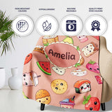 Cute Kawaii Food Characters Seamless Pattern Peach Background Fun  Personalised Custom Name Super Soft Fleece Blanket Bed Sofa Throw