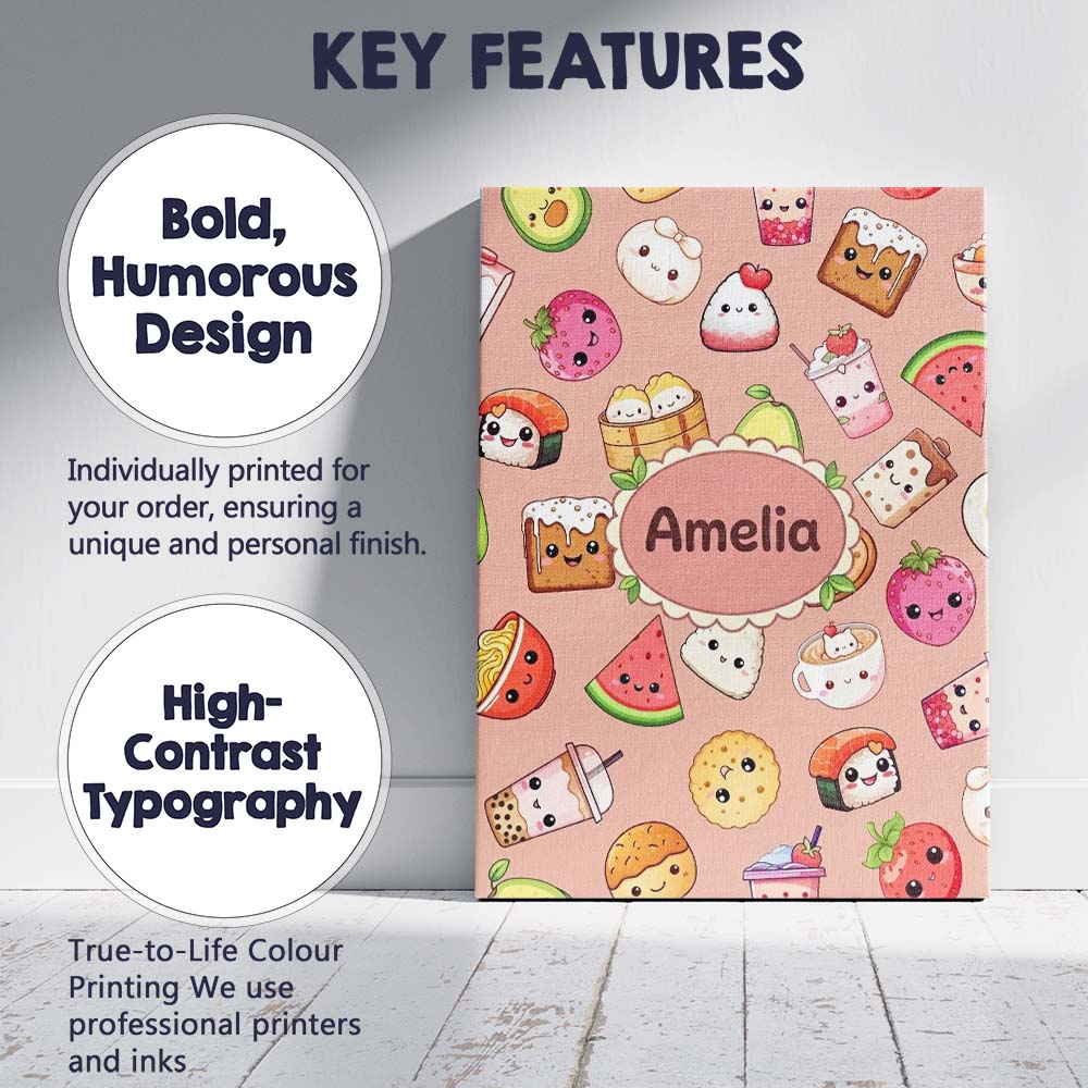 Personalised Name Cute Kawaii Food Characters Custom Unique Gift Idea Modern Room Accent Canvas Wall Art Print Decor Picture Ready to Hang