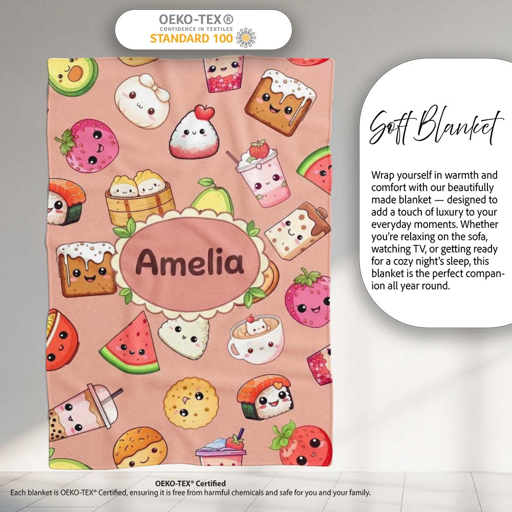Cute Kawaii Food Characters Seamless Pattern Peach Background Fun  Personalised Custom Name Super Soft Fleece Blanket Bed Sofa Throw