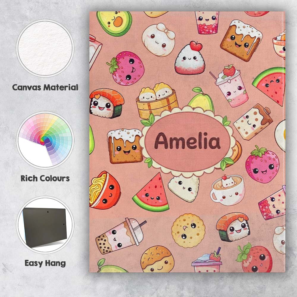 Personalised Name Cute Kawaii Food Characters Custom Unique Gift Idea Modern Room Accent Canvas Wall Art Print Decor Picture Ready to Hang