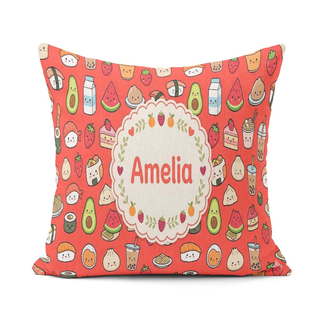 Custom Name Cute Kawaii Food Characters Seamless Pattern Red Fun Square Filled Cushion Throw Pillow Sofa Bed Home Decor Zip Washable UK Made