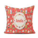 Custom Name Cute Kawaii Food Characters Seamless Pattern Red Fun Square Filled Cushion Throw Pillow Sofa Bed Home Decor Zip Washable UK Made