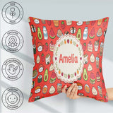 Custom Name Cute Kawaii Food Characters Seamless Pattern Red Fun Square Filled Cushion Throw Pillow Sofa Bed Home Decor Zip Washable UK Made