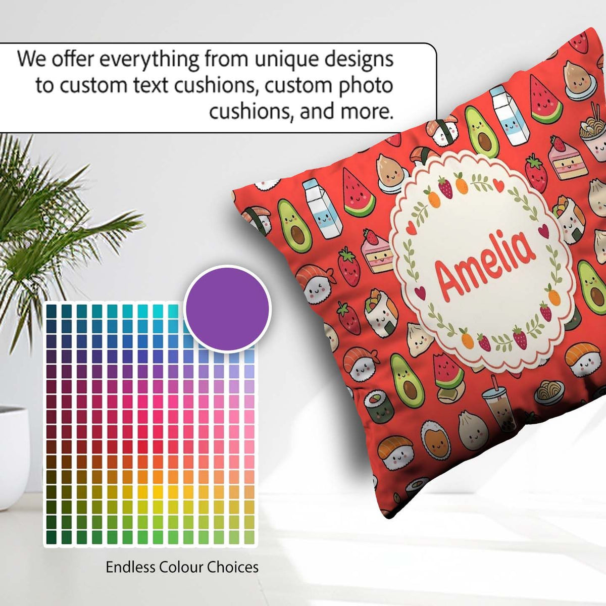 Custom Name Cute Kawaii Food Characters Seamless Pattern Red Fun Square Filled Cushion Throw Pillow Sofa Bed Home Decor Zip Washable UK Made