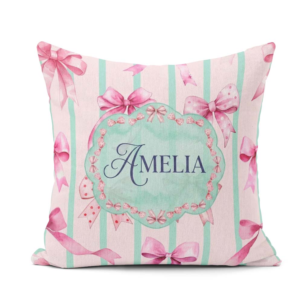 Custom Name Watercolor Pink Bow Seamless Pattern with Mint Green Square Filled Cushion Throw Pillow Sofa Bed Home Decor Zip Washable UK Made