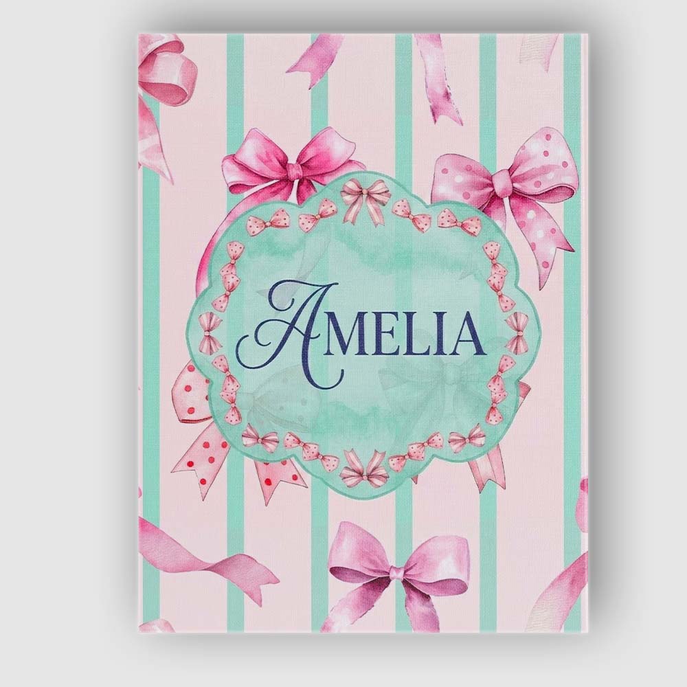 Personalised Name Watercolor Pink Ribbon Bow Seamless Pattern with Custom  Unique Canvas Wall Art Print Decor Picture Ready to Hang
