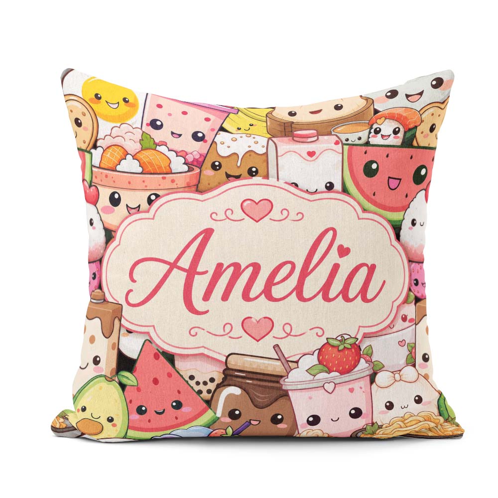 Custom Name Kawaii Food Characters Seamless Cream Background Fun Square Filled Cushion Throw Pillow Sofa Bed Home Decor Zip Washable UK Made