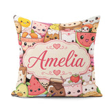 Custom Name Kawaii Food Characters Seamless Cream Background Fun Square Filled Cushion Throw Pillow Sofa Bed Home Decor Zip Washable UK Made