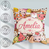 Custom Name Kawaii Food Characters Seamless Cream Background Fun Square Filled Cushion Throw Pillow Sofa Bed Home Decor Zip Washable UK Made