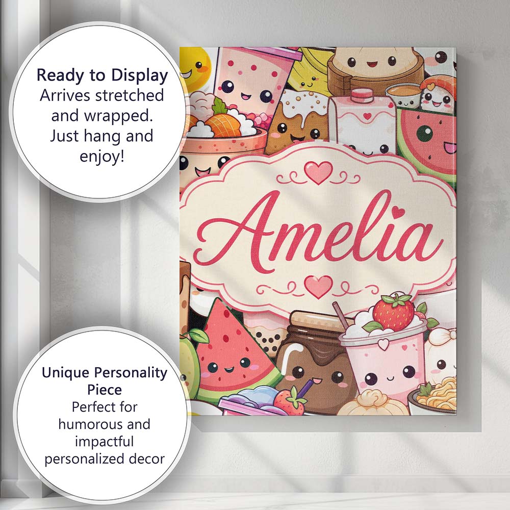 Personalised Name Cute Kawaii Food Characters Custom Unique Gift Idea Modern Room Accent Canvas Wall Art Print Decor Picture Ready to Hang