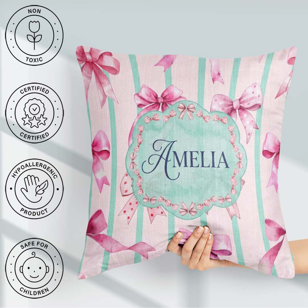 Custom Name Watercolor Pink Bow Seamless Pattern with Mint Green Square Filled Cushion Throw Pillow Sofa Bed Home Decor Zip Washable UK Made