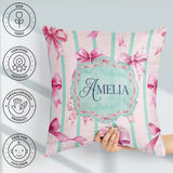 Custom Name Watercolor Pink Bow Seamless Pattern with Mint Green Square Filled Cushion Throw Pillow Sofa Bed Home Decor Zip Washable UK Made