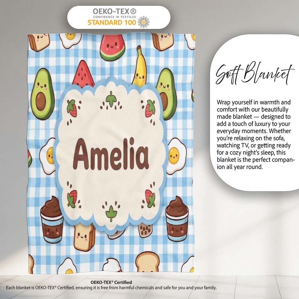 Cute Kawaii Food Collage Pattern Sweet Treats And Drinks Lovely  Personalised Custom Name Super Soft Fleece Blanket Bed Sofa Throw