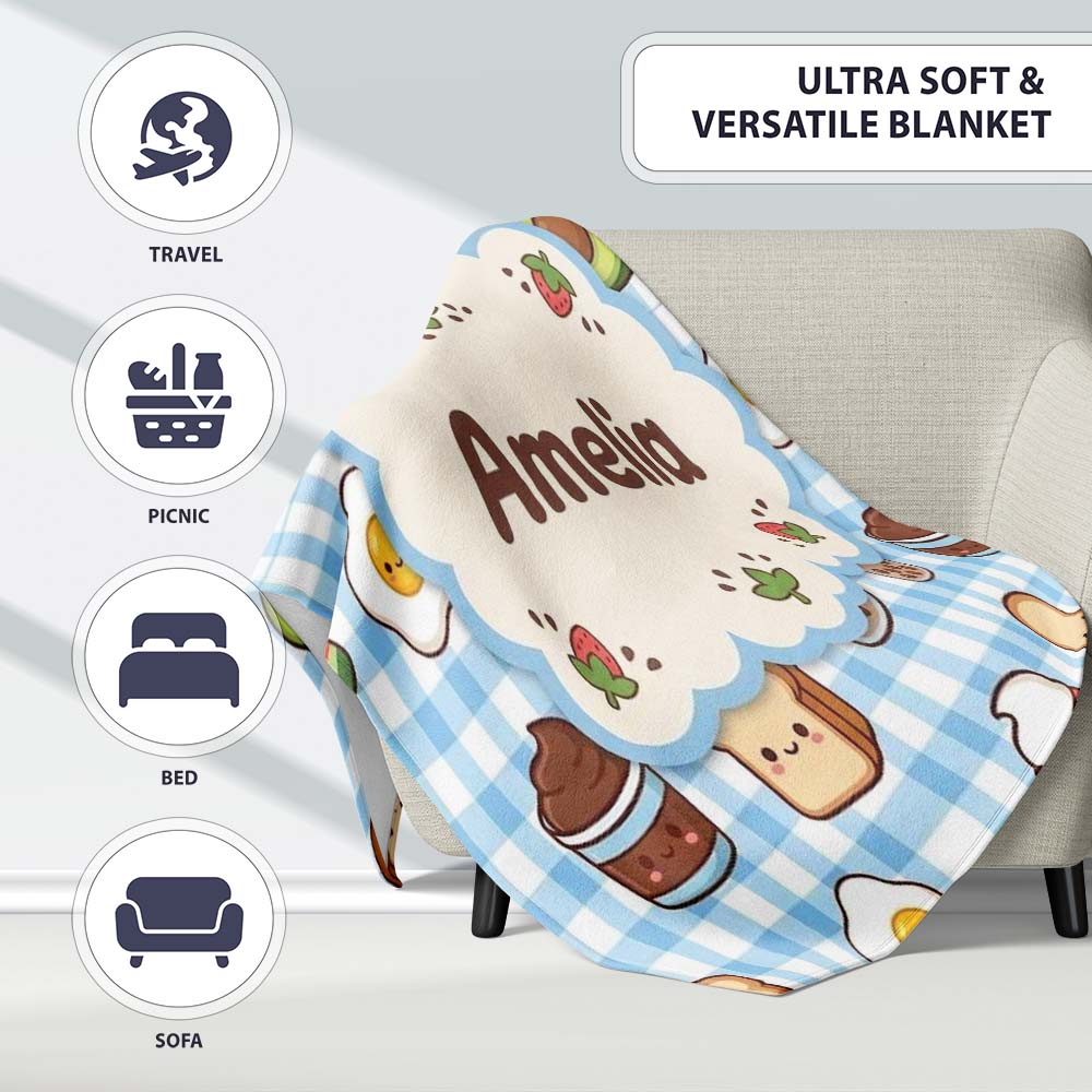 Cute Kawaii Food Collage Pattern Sweet Treats And Drinks Lovely  Personalised Custom Name Super Soft Fleece Blanket Bed Sofa Throw