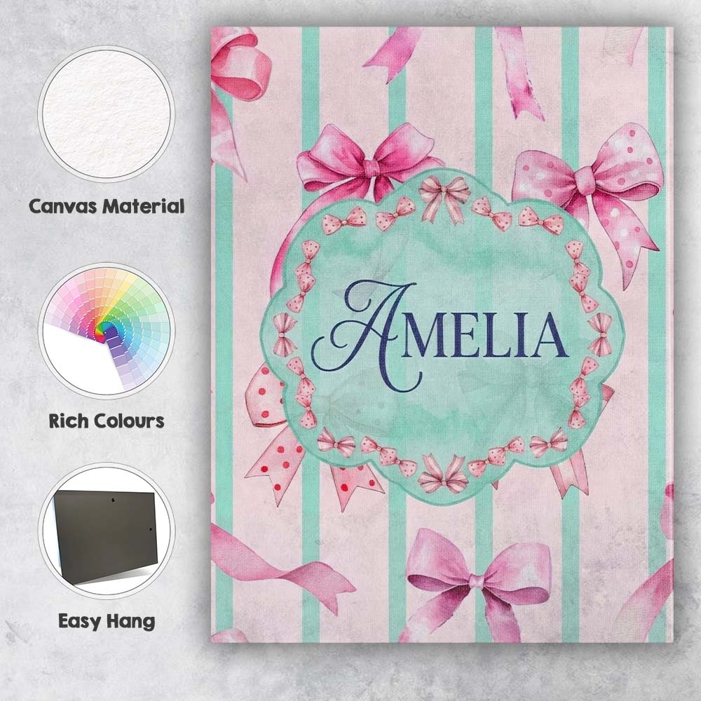 Personalised Name Watercolor Pink Ribbon Bow Seamless Pattern with Custom  Unique Canvas Wall Art Print Decor Picture Ready to Hang