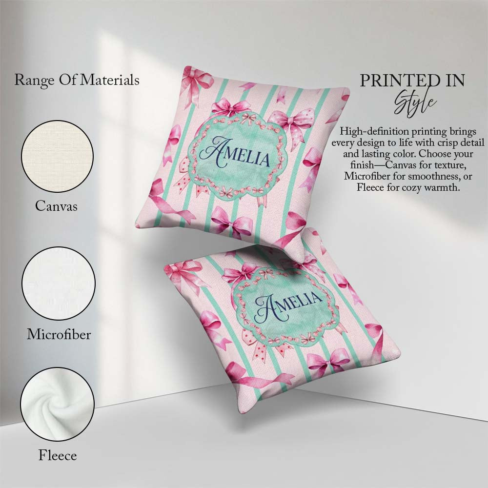 Custom Name Watercolor Pink Bow Seamless Pattern with Mint Green Square Filled Cushion Throw Pillow Sofa Bed Home Decor Zip Washable UK Made