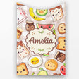 Cute Kawaii Breakfast Food Seamless Pattern Blue Gingham Background  Personalised Custom Name Super Soft Fleece Blanket Bed Sofa Throw