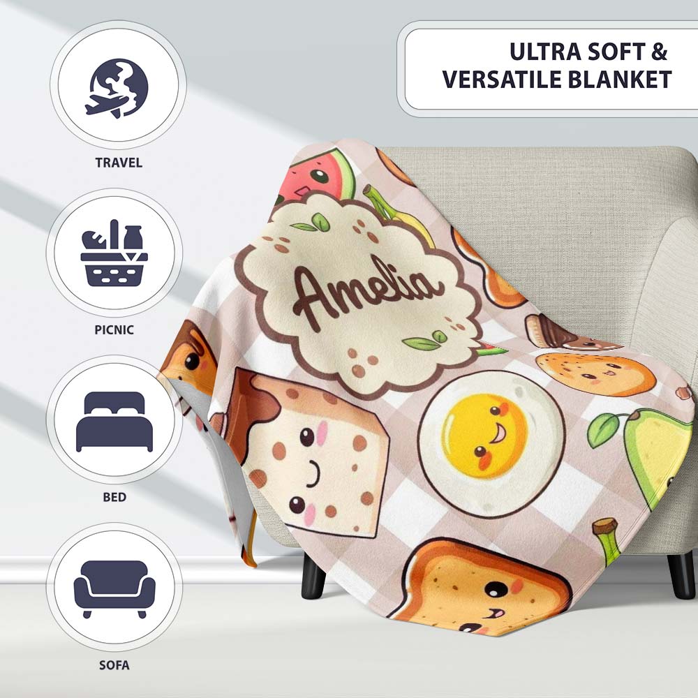 Cute Kawaii Breakfast Food Seamless Pattern Blue Gingham Background  Personalised Custom Name Super Soft Fleece Blanket Bed Sofa Throw