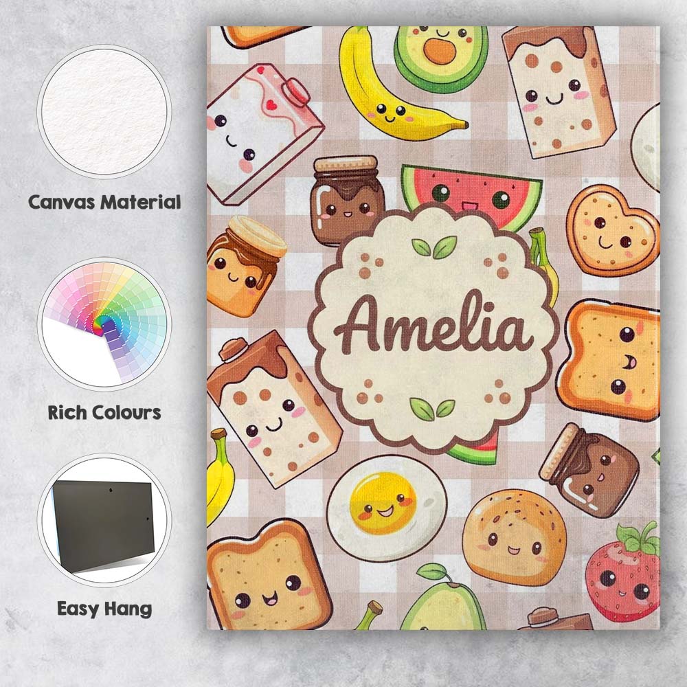 Personalised Name Cute Kawaii Breakfast Custom  Modern Room Accent Elegant Feature Canvas Wall Art Print Decor Picture Ready to Hang